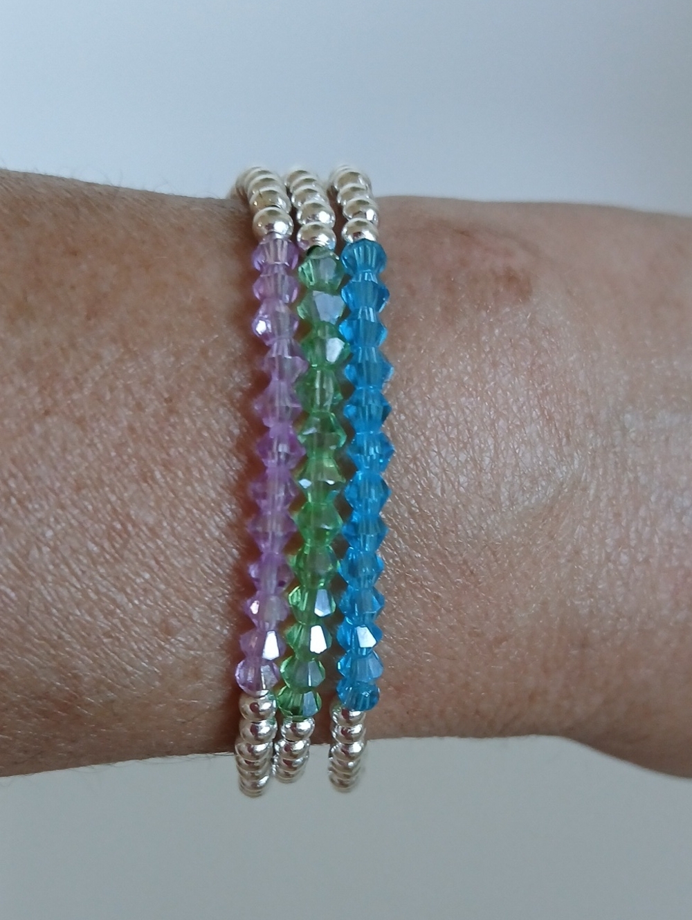 Set Of 3 Silver Crystal Glass Beaded  Bracelets- Lavendar! Green & Blue